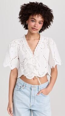 Moon River White Eyelet Puff Sleeve Tie Front Cropped Blouse Scalloped Size S